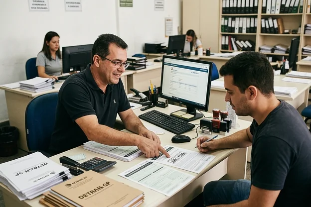 Despachante explicando licenciamento de veículos para cliente.