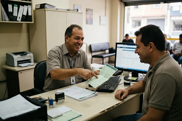 Despachante mostrando CRLV-e impresso para um cliente.