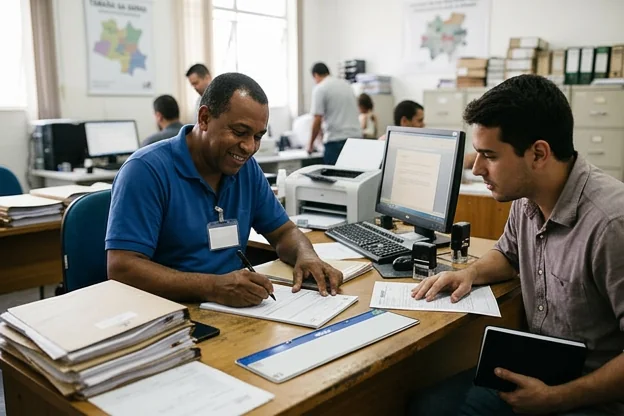 Despachante registrando emplacamento de veículo pela primeira vez.